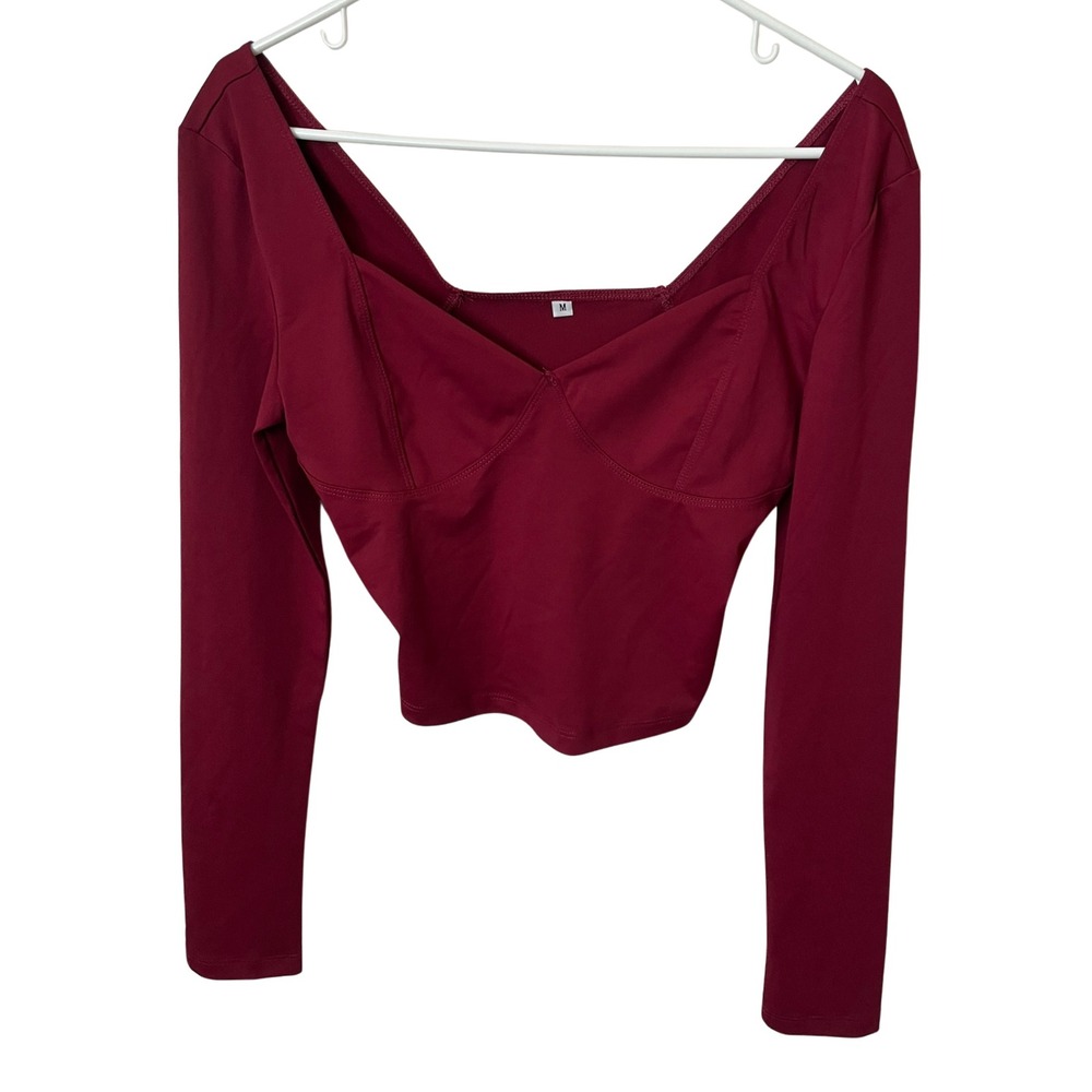 Burgundy Long Sleeve Crop Top M Square Neck Bustier Corset Y2K Going Out Wine